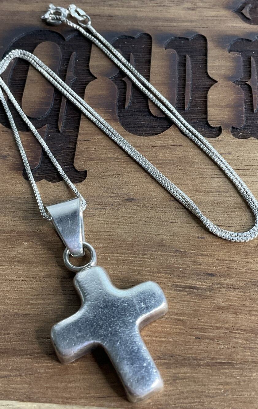 Vintage Sterling Silver Puffy Cross Pendant Necklace Rounded Cross